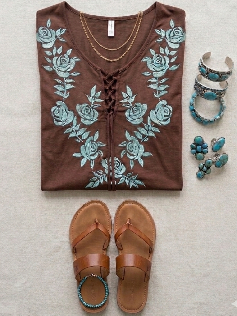 Boho Turquoise And Brown Floral Lace-Up V-Neck Women's Top